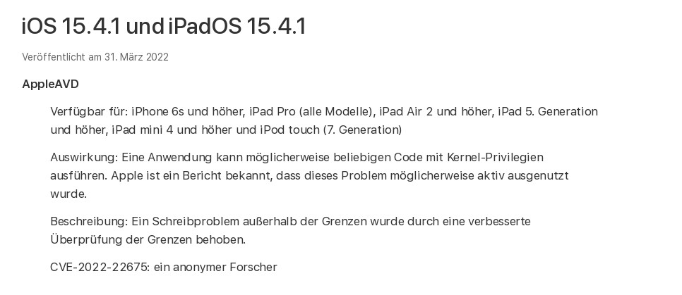 BSI Sicherheitshinweise iOS 15.4: Apple iOS und Apple iPadOS ermöglicht Ausführung von beliebigem Programmcode