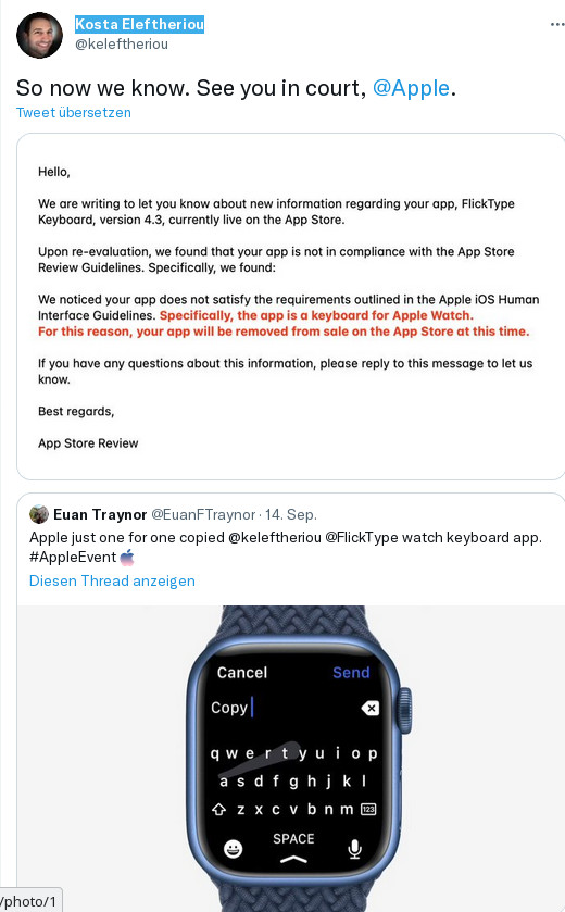 Apple Watch Tastatur: App Entwickler Kosta Eleftheriou will Apple wegen Tastatur verklagen
