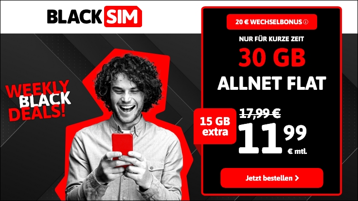 Tariftipp mit 20 Euro Wechselbonus mit Blacksim 30 GB LTE Allnet-Flat fr 11,99 Euro und mtl. Laufzeit