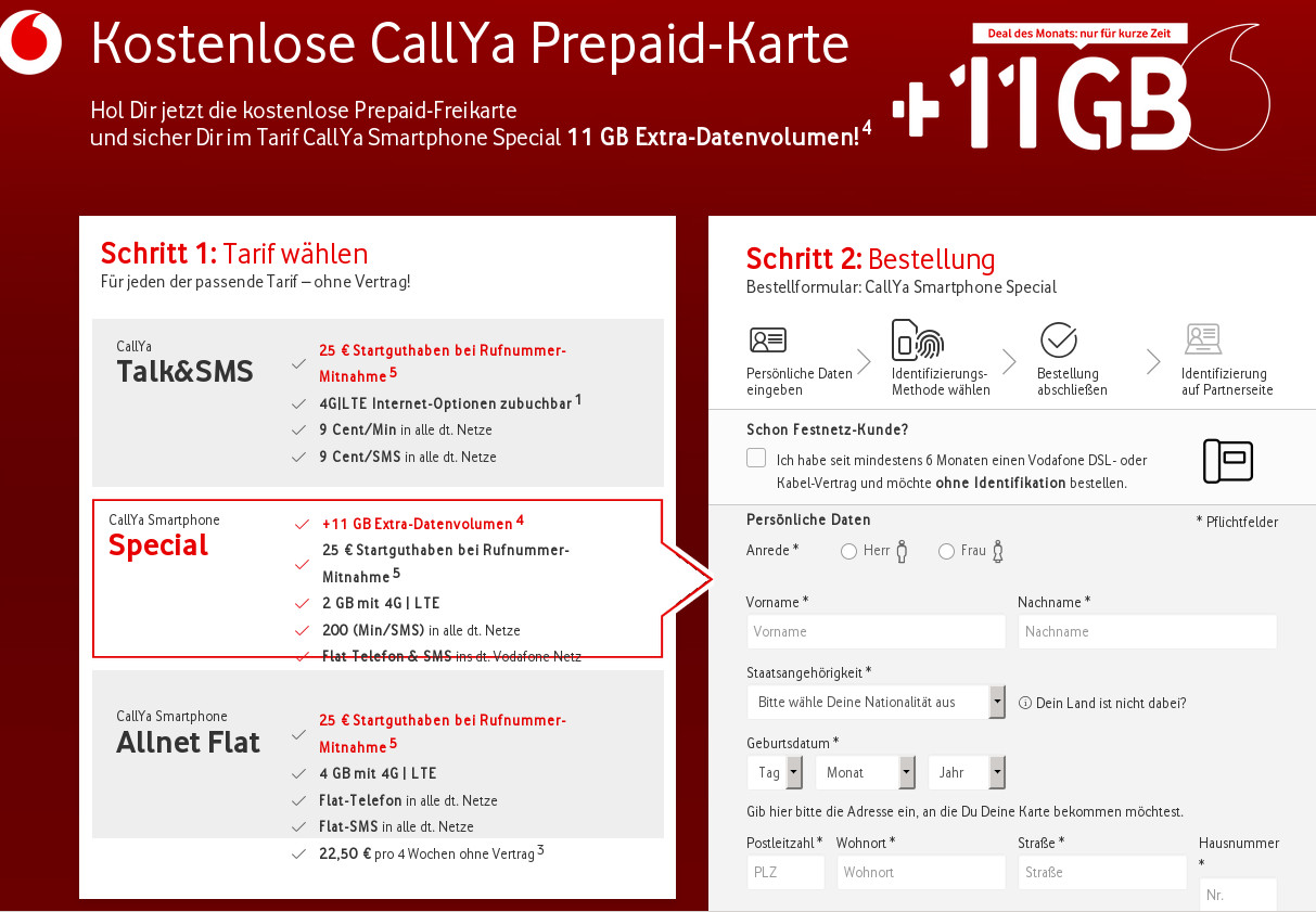 Vodafone Prepaid 11 Tarife: Datenvolumen 500 GB Mbit, bei Gratis