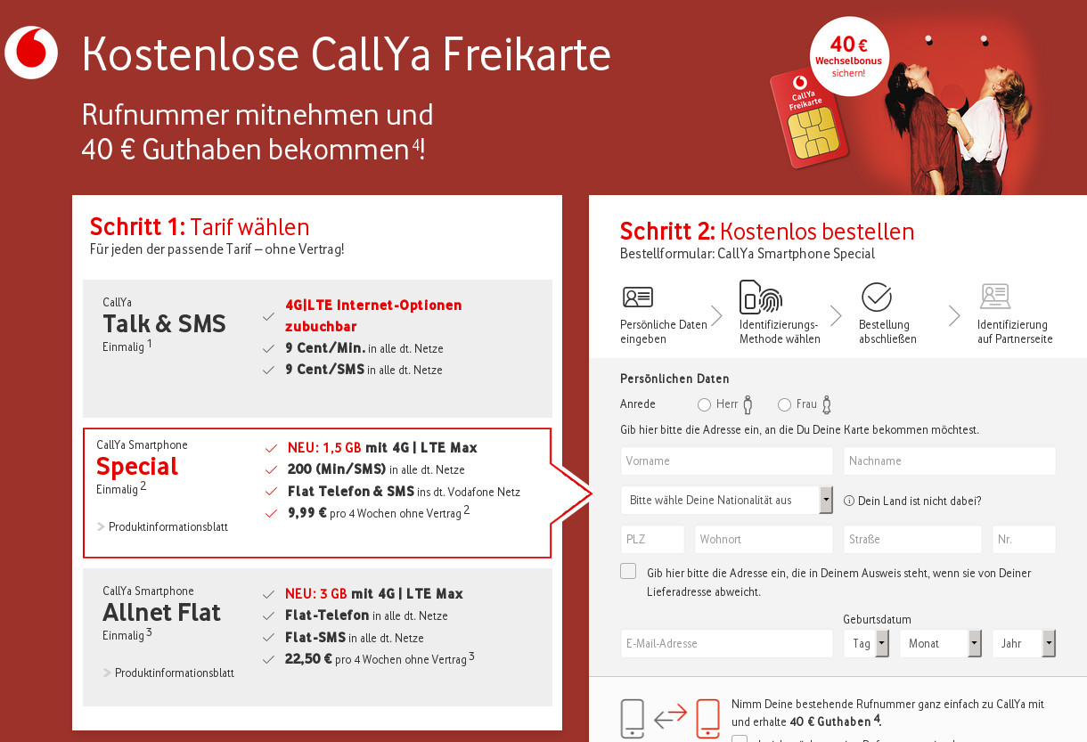 Vodafone Prepaid Tarife: CallYa mit Startguthaben 40 Euro bei 500