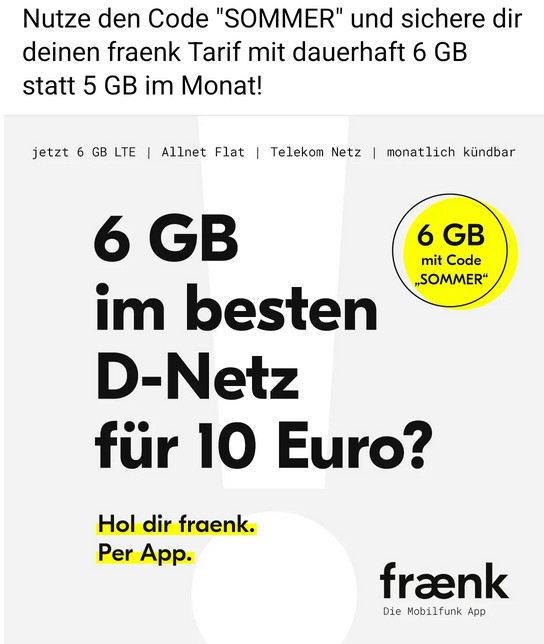 fraenk Tarife: Telekom Netz mit fraenk 6 GB Allnet-Flat für 10 Euro auch mit Lastschrift