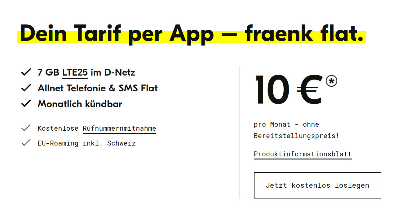 fraenk Tarife: Mehr Datenvolumen mit Gutschein-Code --fraenk Tarife im Telekom Netz mit 8 GB Allnet-Flat für 10 Euro