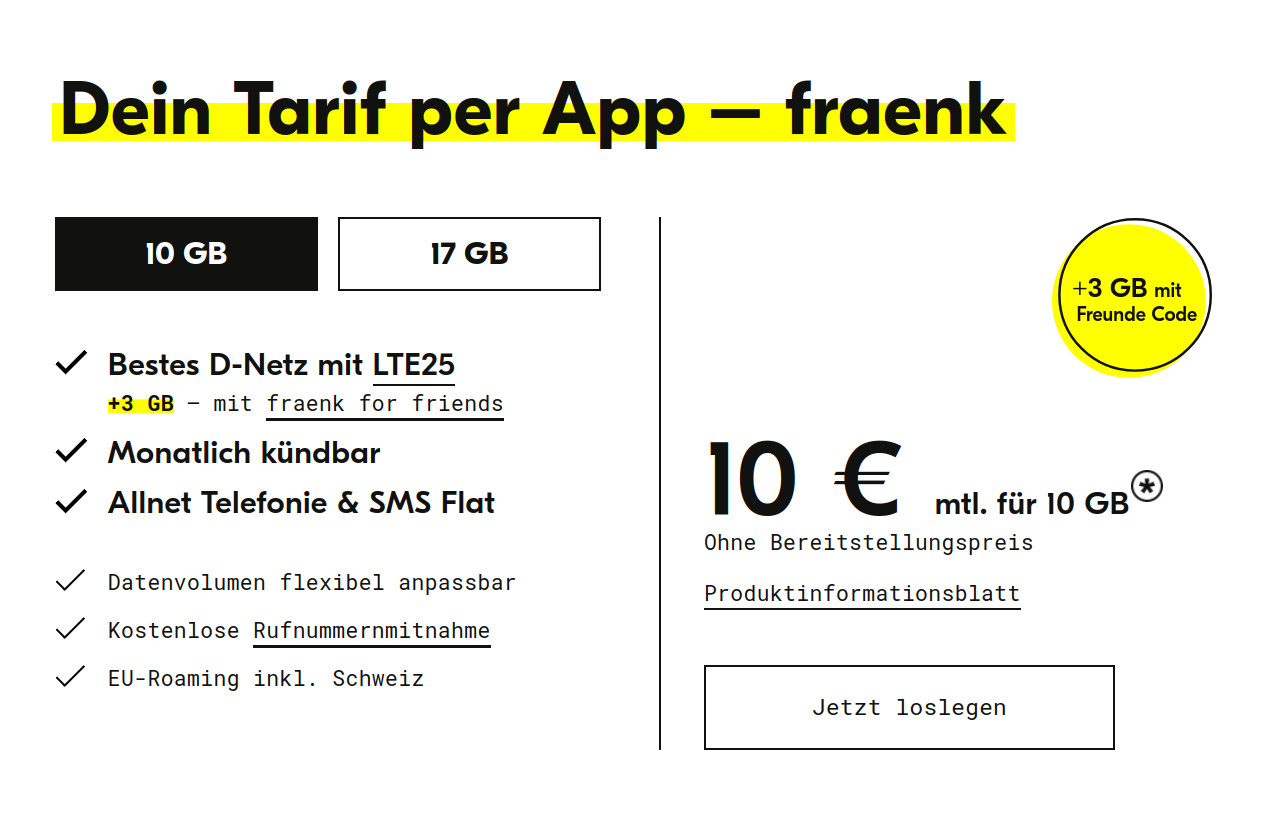 fraenk 17 GB Tarife: Dauerhafte 17 GB Allnet-Flat im Telekomnetz für 15 Euro