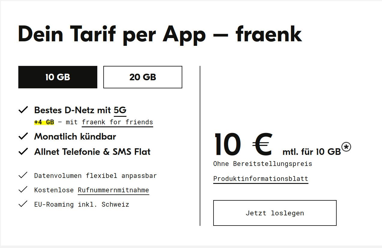 fraenk 5G Tarife: 14 GB All-In-Flat fr 10 Euro