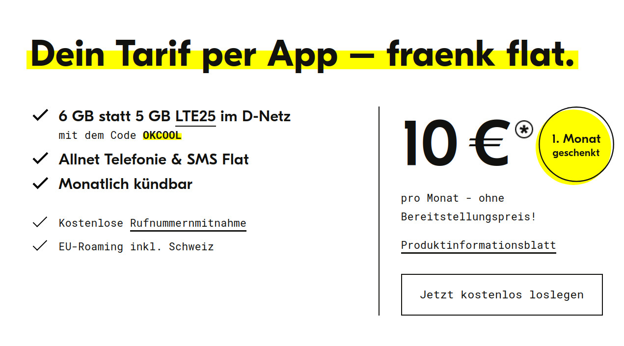 Fraenk Tarife: fraenk Tarife im Telekom Netz mit 6 GB Allnet-Flat für 10 Euro --Ab dem 6.Dezember 8 GB Allnet-Flat
