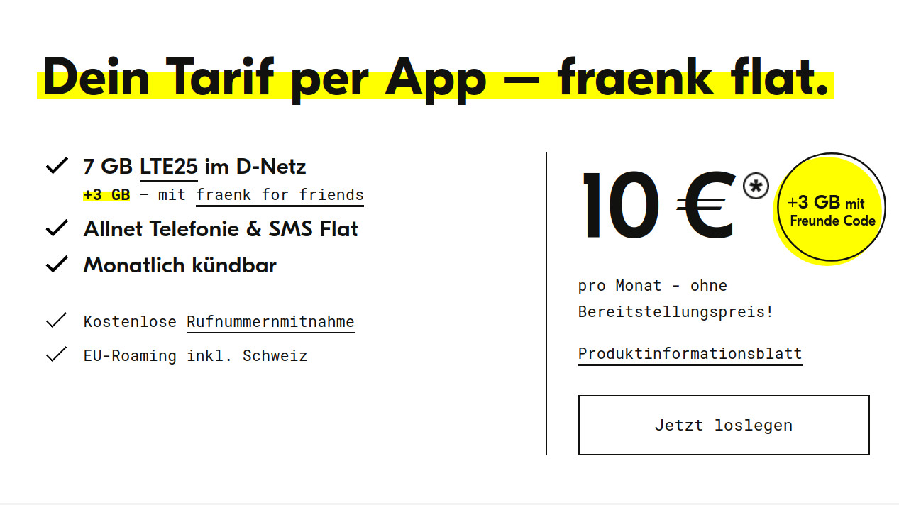 fraenk friends im Oktober: fraenk Tarife im Telekom Netz mit 10 GB Datenvolumen für 10 Euro durch Freunde-Code
