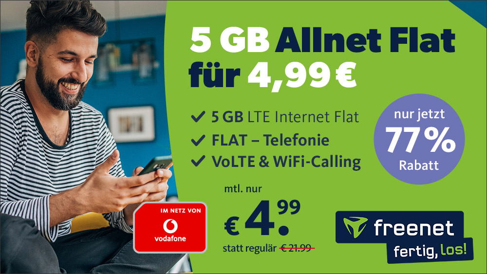 77 Prozent Rabatt: Freenet Mobile 5 GB Allnet Flat fr 4,99 Euro