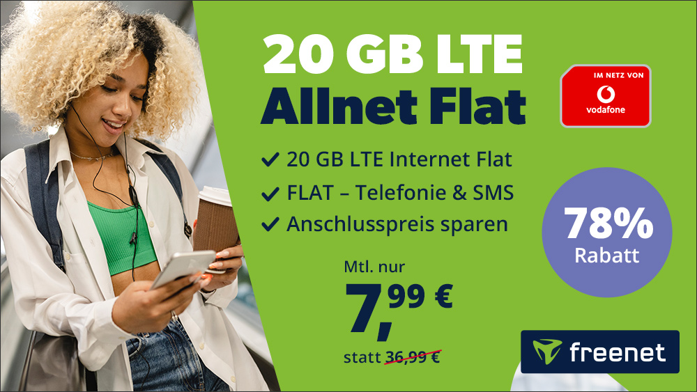 78 Prozent Rabatt Vodafone Netz: 20 GB freenet All-In-Flat bei 50 Mbit fr mtl. 7,99 Euro --Anschlusspreis sparen