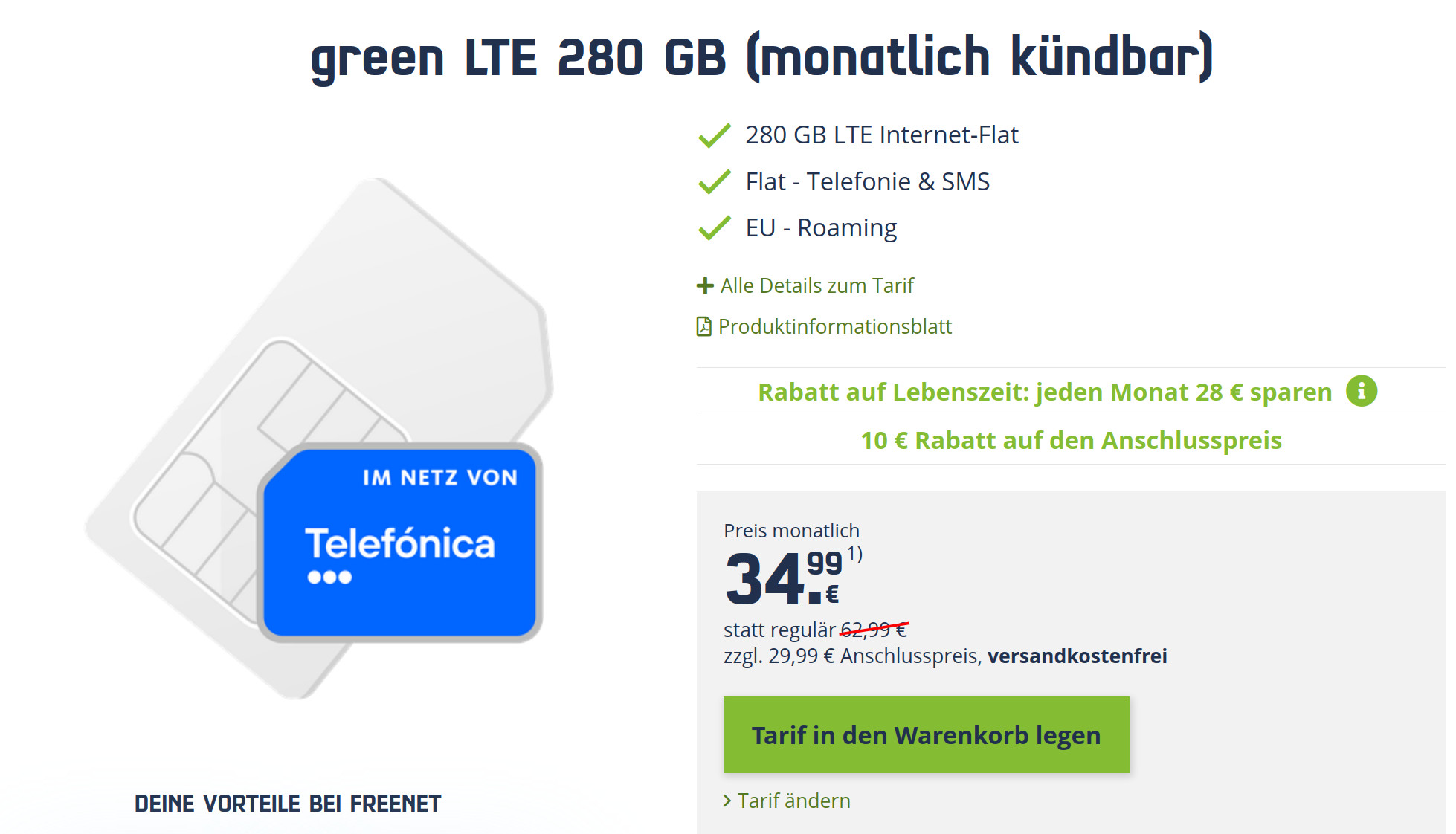 freenet O2 Mobilfunktarife: O2 LTE Allnet-Flat mit 280 Gigabyte Datenvolumen für mtl. 34,99 Euro und mtl. Laufzeit