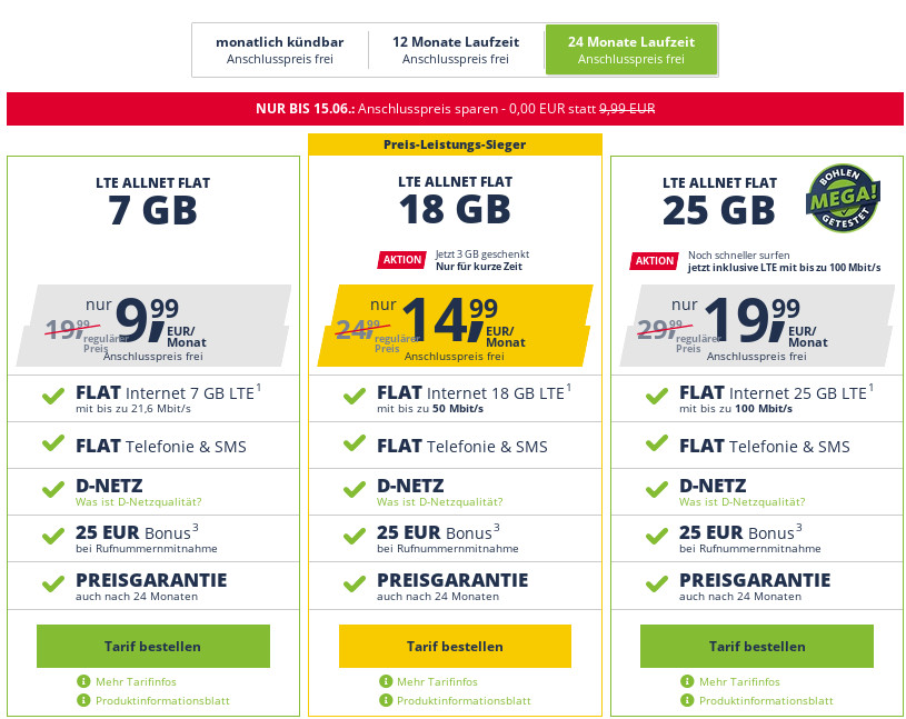 Tarife im Vodafone Netz: Kein Anschlusspreis --Freenet Mobile 18 GB Allnet Flat für 14,99 Euro