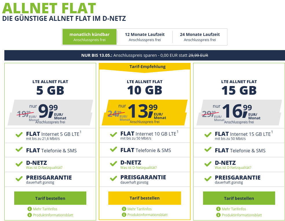 50 Prozent Sparen, kein Anschlusspreis --Freenet Mobile 5 GB LTE Allnet Flat fr 9,99 Euro