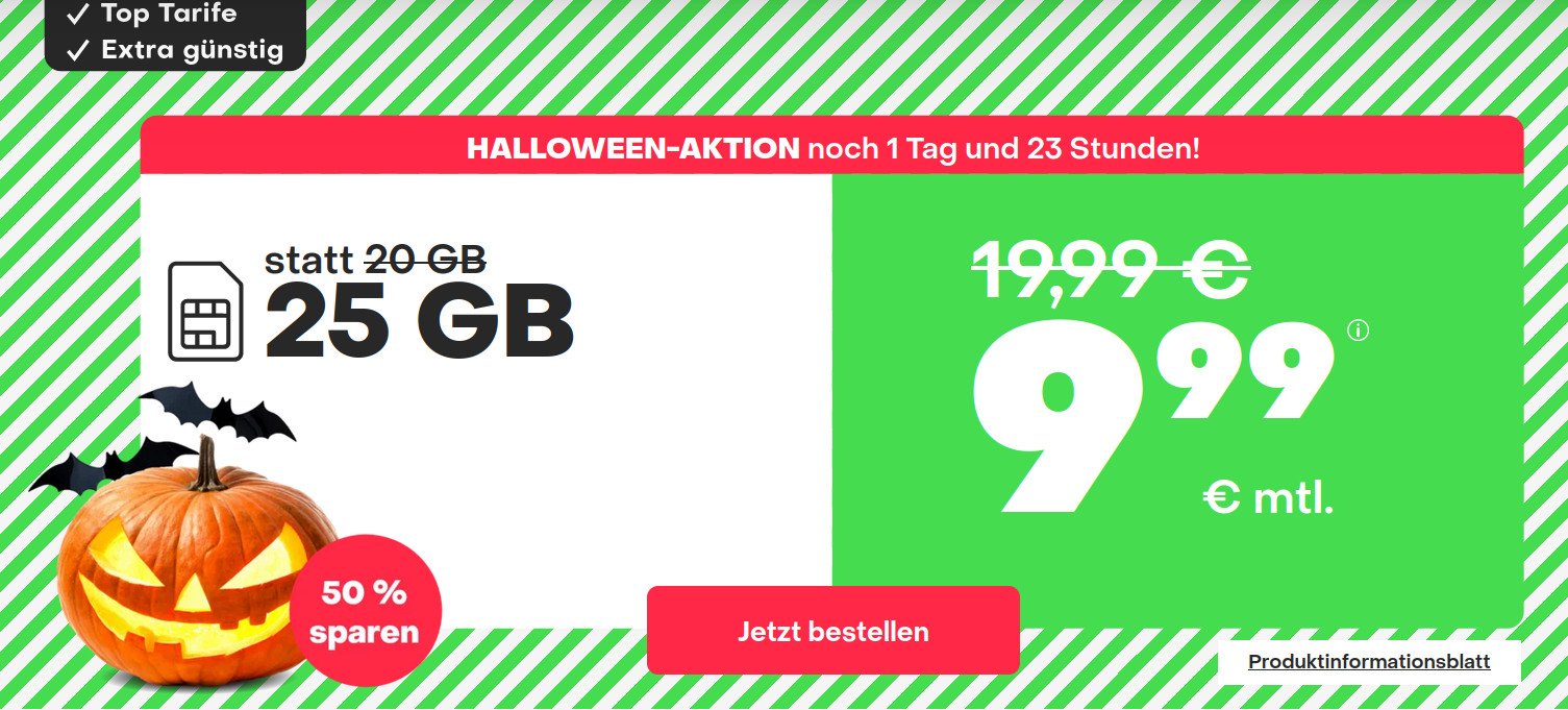 Halloween 25 GB Tarife: Handyvertrag 25 GB LTE All-In-Flat für 9,99 Euro mit mtl. Laufzeit