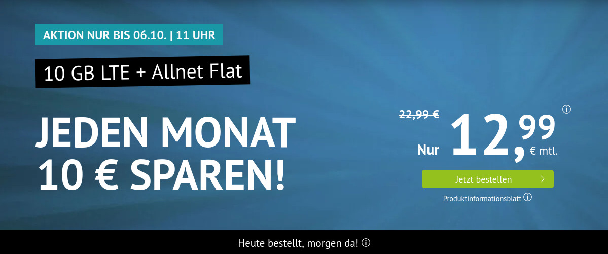 Spartipp LTE Tarife: 10 GB LTE All-In-Flat mit 50 Mbit Speed fr 12,99 Euro mit mtl. Laufzeit