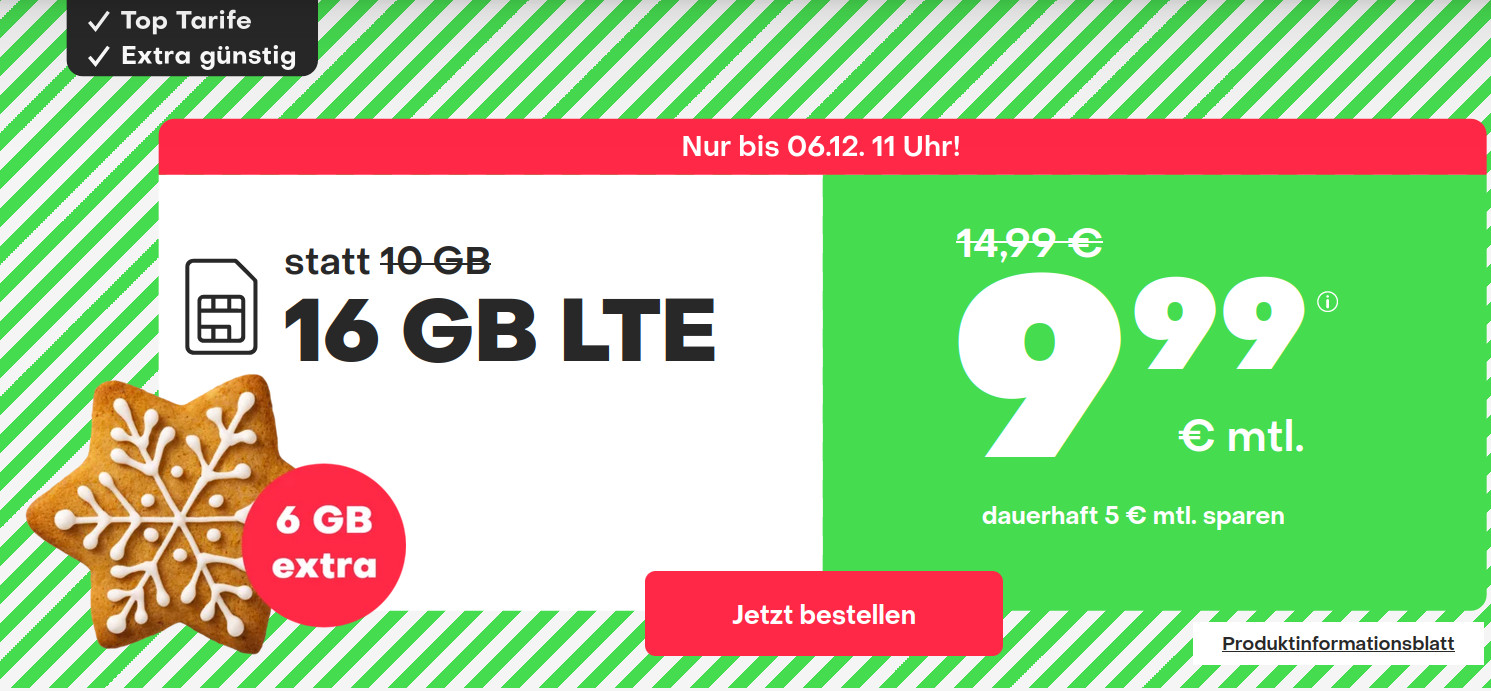 Nikolaus Deal im O2 Netz: Handyvertrag 16 GB LTE All-In-Flat für 9,99 Euro mit mtl. Laufzeit