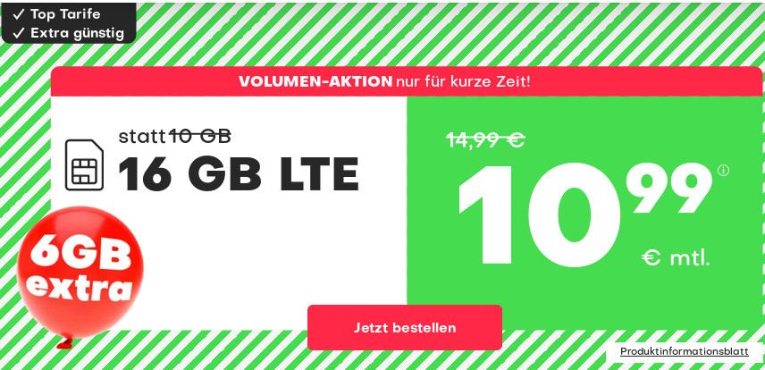 Tariftipp 16 GB Tarife: Handyvertragde 16 GB LTE All-In-Flat für 10,99 Euro mit mtl. Laufzeit