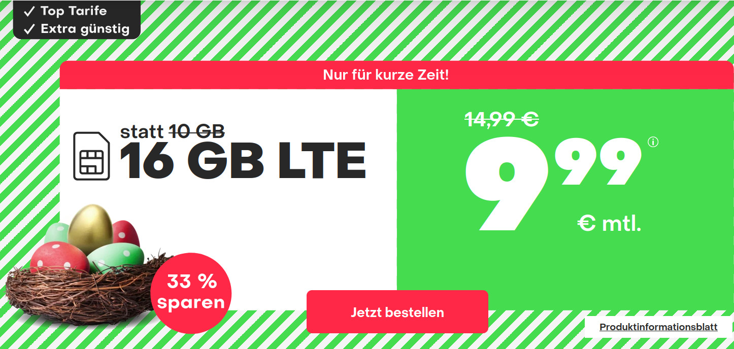 Oster-Deal: Handyvertrag 16 GB LTE All-In-Flat für 9,99 Euro mit mtl. Laufzeit