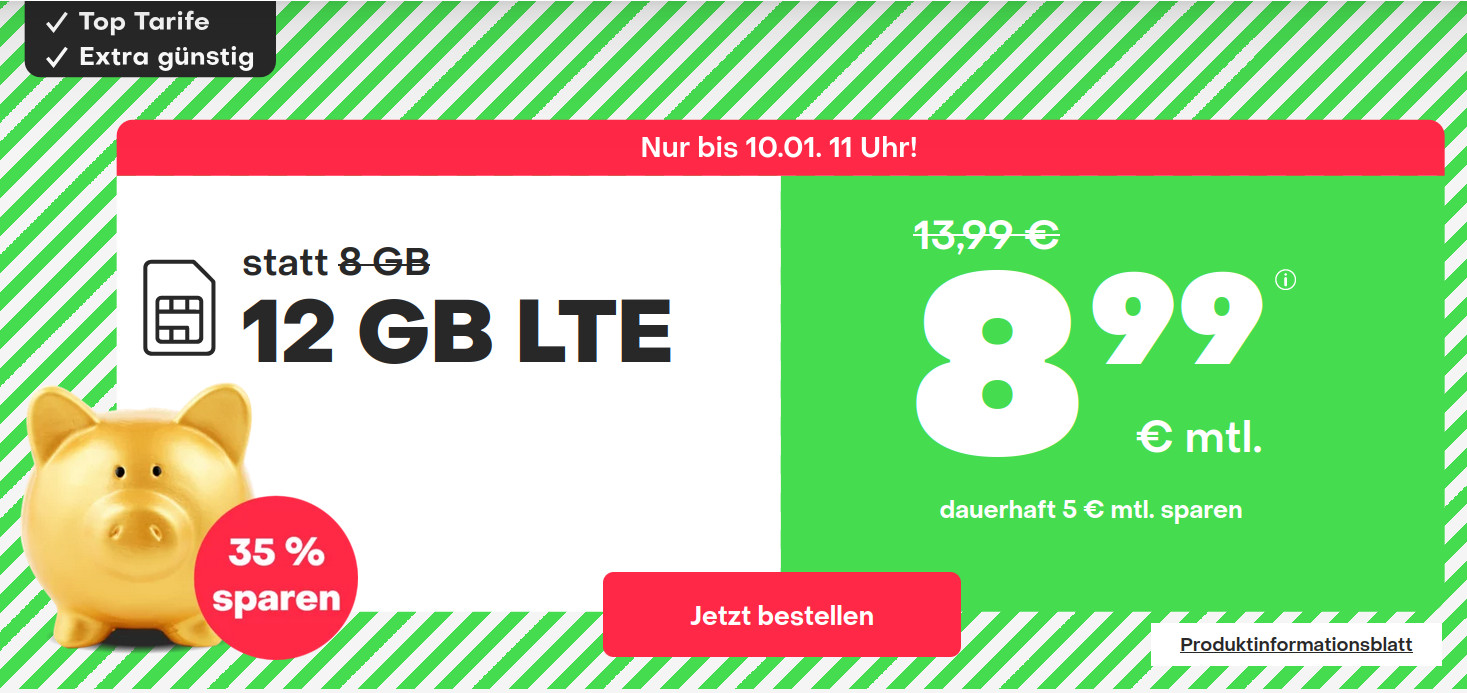 Preistipp 12 GB Tarife: Handyvertragde 12 GB LTE All-In-Flat für 8,99 Euro mit mtl. Laufzeit