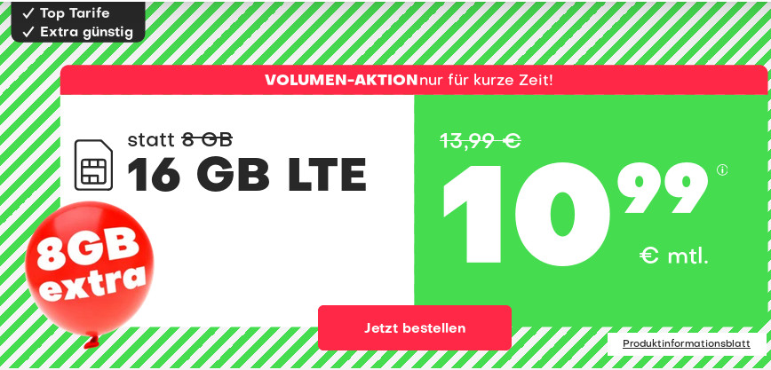 Tariftipp 16 GB Tarife: Handyvertragde 16 GB LTE All-In-Flat für 10,99 Euro mit mtl. Laufzeit