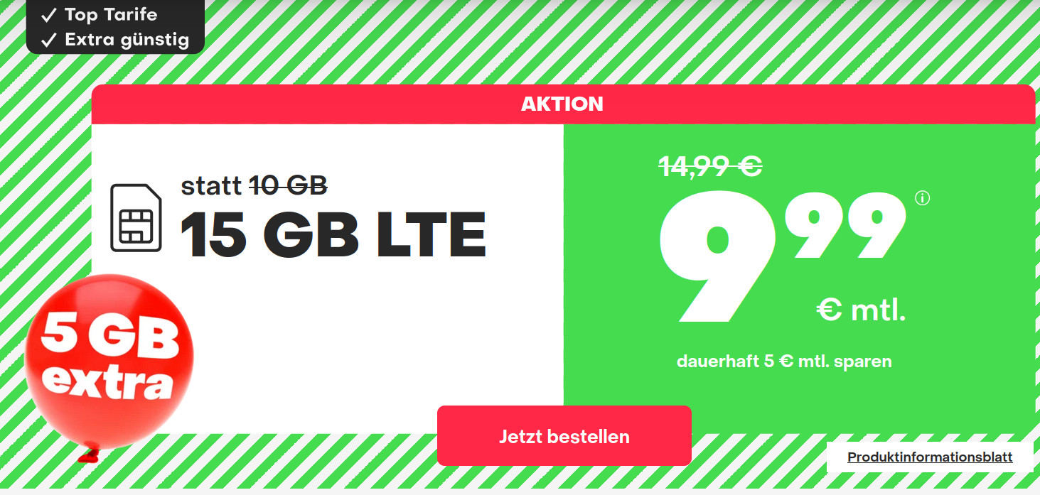 Preistipp 15 GB Tarife: Handyvertrag 15 GB LTE All-In-Flat für 9,99 Euro mit mtl. Laufzeit