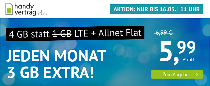 Tariftipp LTE Tarife: Handyvertrag mit 4 GB LTE All-In-Flat fr 5,99 Euro mit mtl. Laufzeit