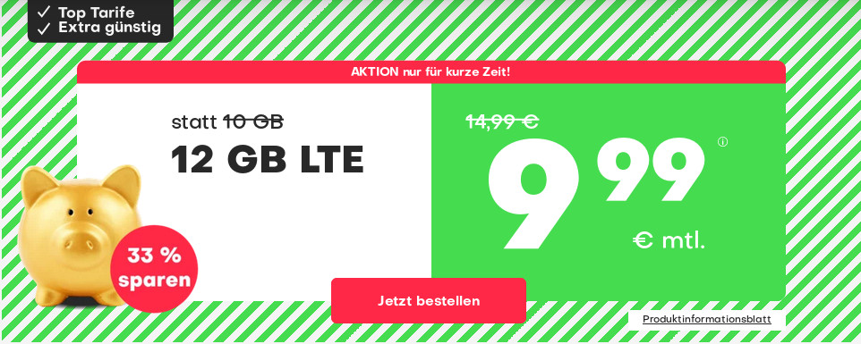 Spartipp 12 GB Tarife: Handyvertrag mit 12 GB LTE All-In-Flat für 9,99 Euro bei mtl. Laufzeit