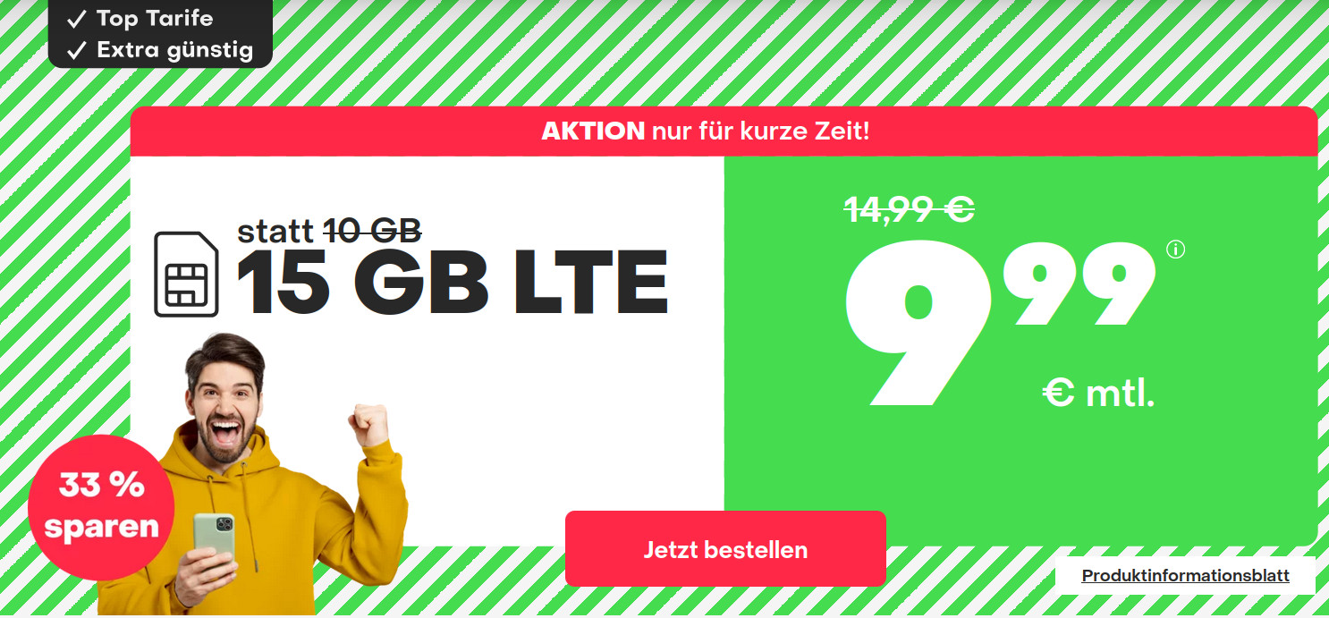 Preistipp 15 GB Tarife: Handyvertrag 15 GB LTE All-In-Flat für 9,99 Euro mit mtl. Laufzeit