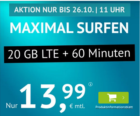 Preistipp 20 GB Tarife: Handyvertrag 20 GB LTE fr 13,99 Euro mit 60 Freiminuten und mtl. Laufzeit