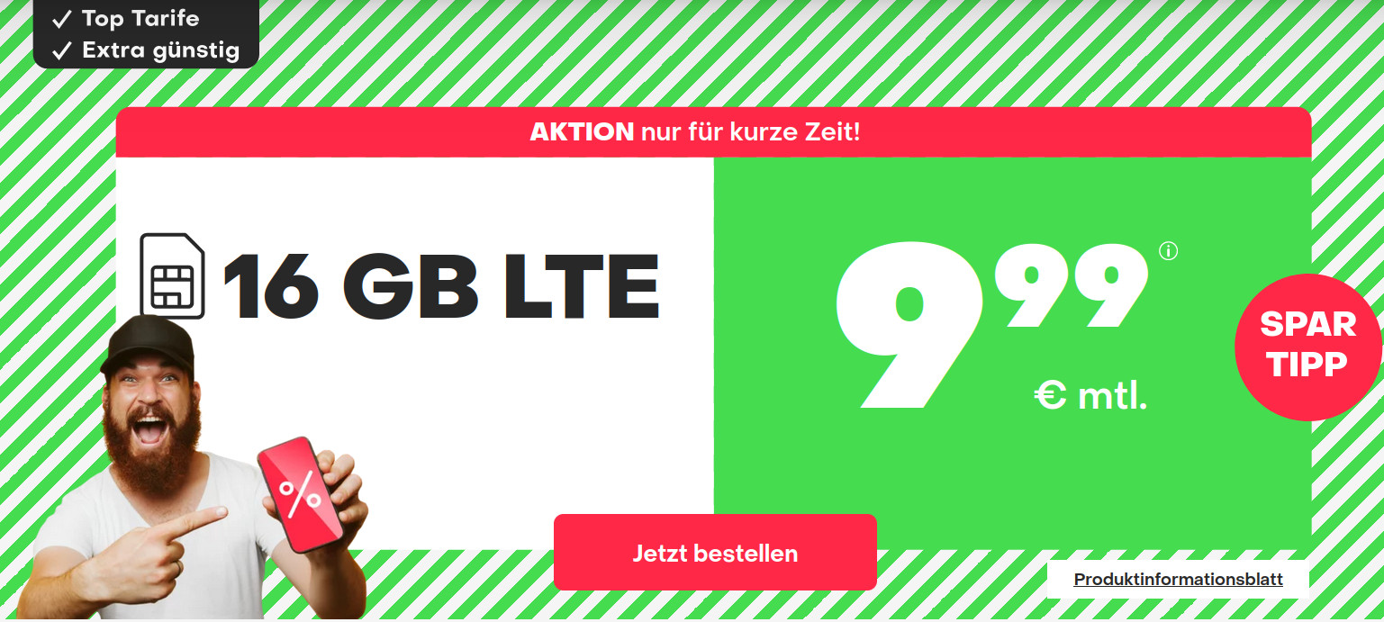 Tariftipp 16 GB Tarife: Handyvertragde 16 GB LTE All-In-Flat für 9,99 Euro mit mtl. Laufzeit