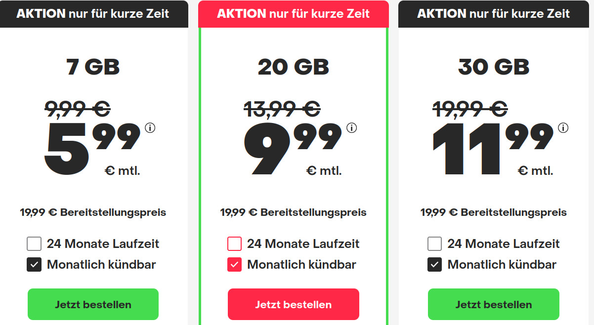 Handyflatrate Tarife: Handyvertrag 30 GB LTE All-In-Flat für 11,99 Euro mit mtl. Laufzeit