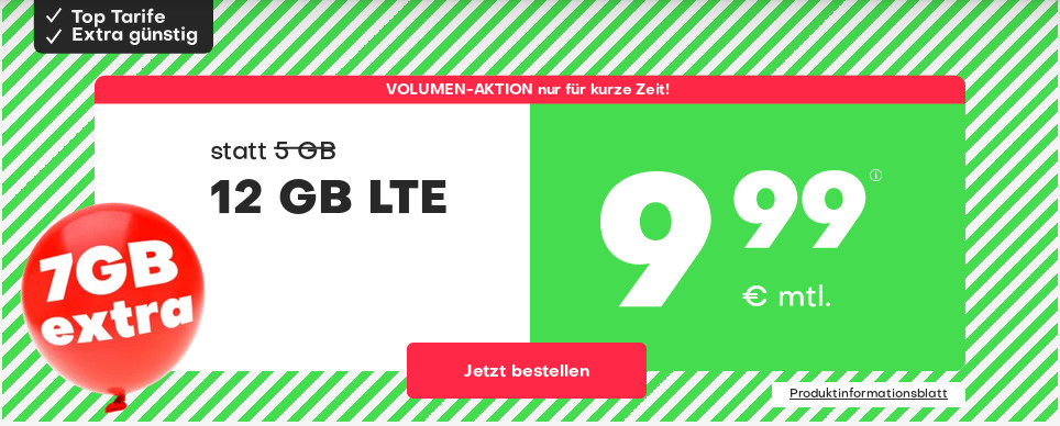 Preistipp 12 GB Tarife: Handyvertrag mit 12 GB LTE All-In-Flat für 9,99 Euro
