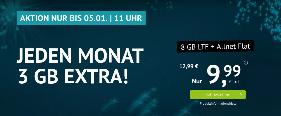 Silvester Deal: 8 GB LTE All-In-Flat fr 9,99 Euro mit mtl. Laufzeit