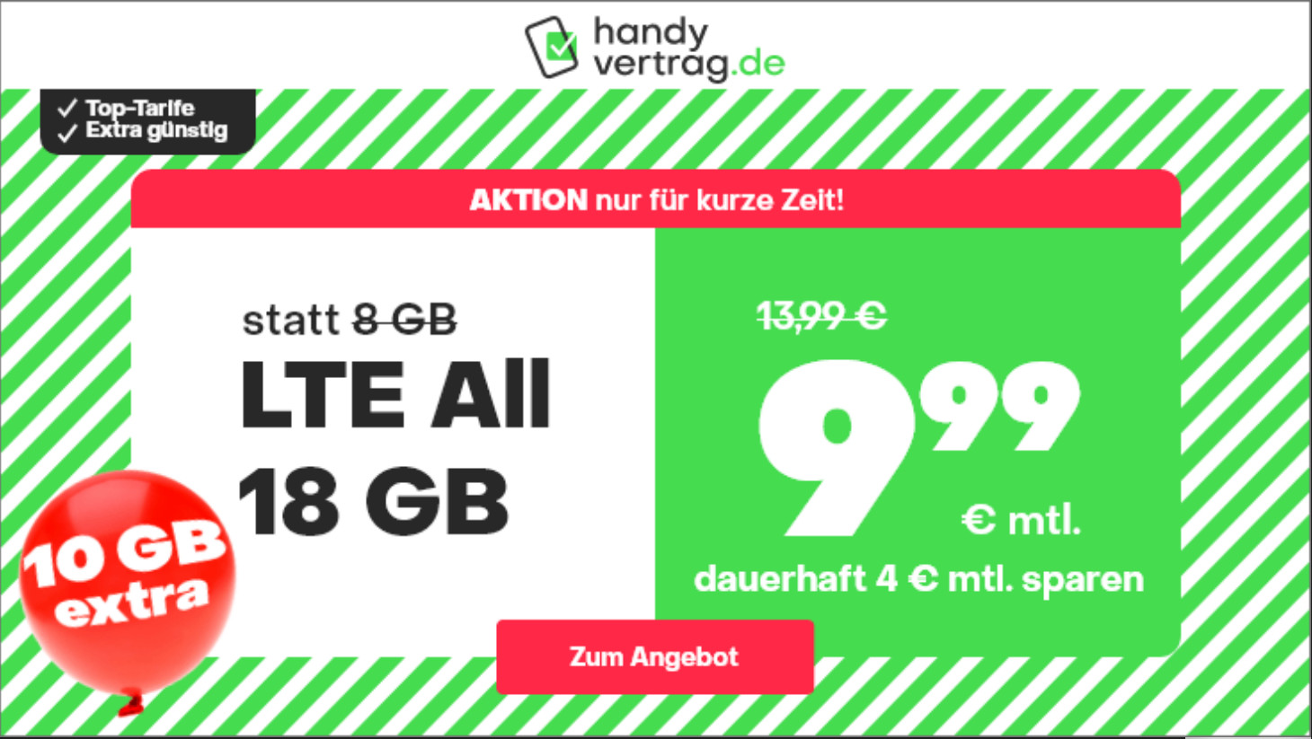 Tariftipp 18 GB Handytarife: Handyvertragde 18 GB LTE All-In-Flat für 9,99 Euro mit mtl. Laufzeit
