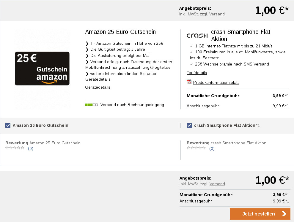 Spartipp: 25 Amazon --1 Euro Smartphone im GB Gutschein Tarif