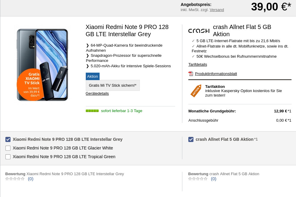 Preistipp: Xiaomi Redmi Note 9 Pro mit 5 GB Allnet-Flat im Vodafone-Netz fr 12,99 Euro
