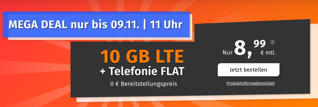 Spartipp 10 GB Tarife: PremiumSIMs 10 GB LTE All-In-Flat für 8,99 Euro ohne Anschlusspreis