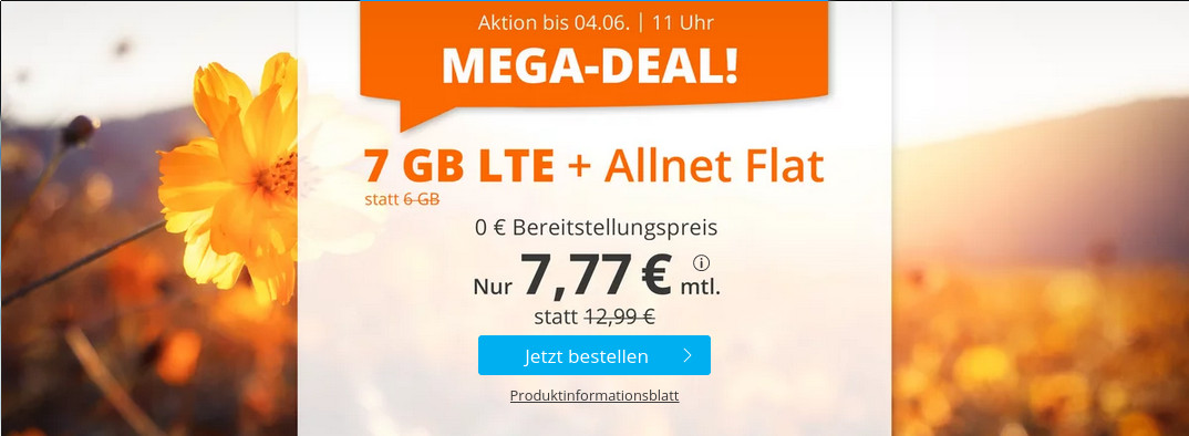 Tariftipp 7 GB Tarife: Sim.de 7 GB LTE All-In-Flat fr 7,77 Euro ohne Laufzeit, 5 Euro sparen
