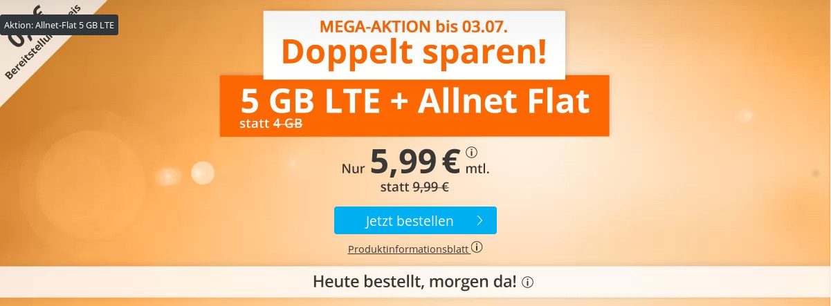 Tariftipp LTE Tarife: Sim.de 5 GB LTE All-In-Flat für 5,99 Euro bei 50 Mbit ohne Laufzeit