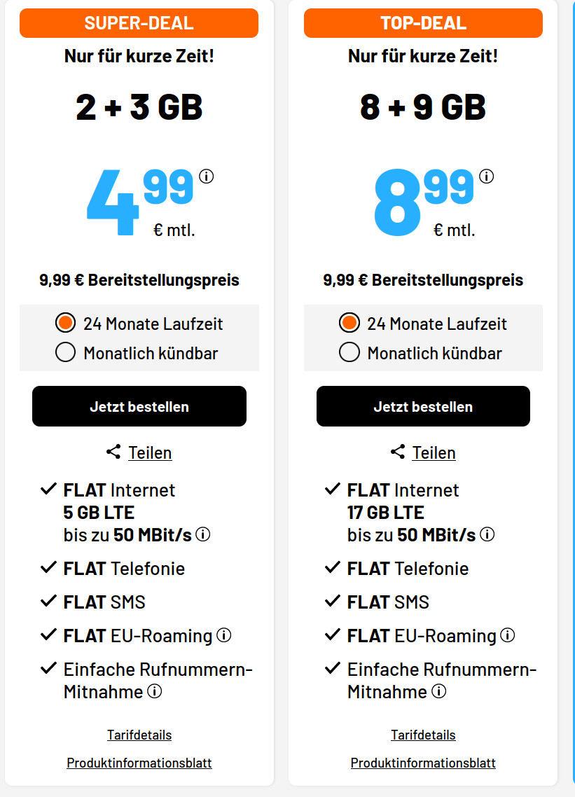 Tariftipp 5 GB Tarife: Sim.de 5 GB LTE Allnet-Flat für 4,99 Euro mit mtl. Laufzeit
