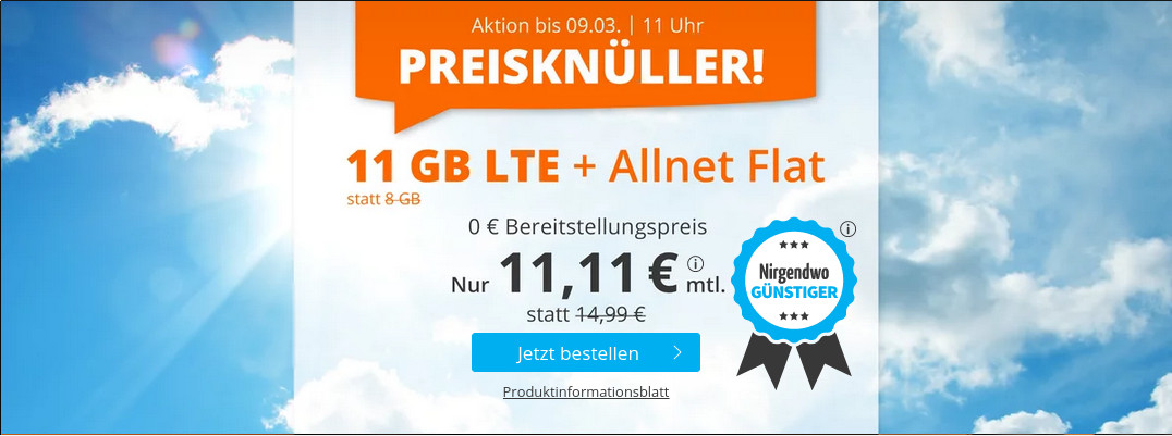 Preistipp LTE Tarife: Sim.de 11 GB LTE All-In-Flat fr 11,11 Euro ohne Laufzeit