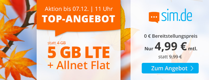 Winter-Deal: Sim.de 5 GB LTE All-In-Flat für 4,99 Euro ohne Laufzeit, 5 Euro sparen