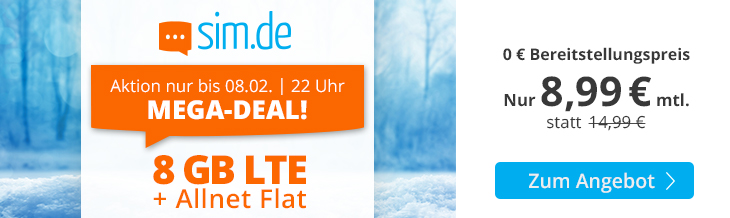 Tariftipp LTE Tarife: Sim 8 GB Allnet-Flat fr mtl. 8,99 Euro ohne Laufzeit