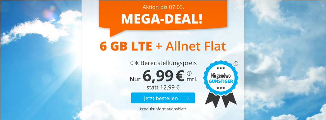 Spartipp 6 GB Tarife: Sim.de 6 GB LTE All-In-Flat fr 6,99 Euro ohne Laufzeit --6 Euro sparen