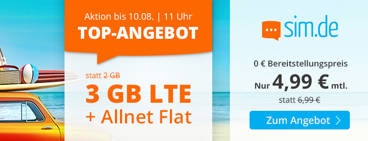 Tariftipp 3 GB Tarife: Sim.de 3 GB LTE Allnet-Flat fr 4,99 Euro ohne Laufzeit