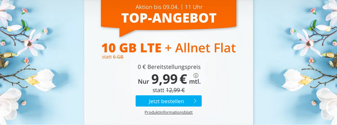 Tariftipp 10 GB Tarife: Sim.de 10 GB LTE All-In-Flat fr 9,99 Euro ohne Laufzeit, 5 Euro sparen