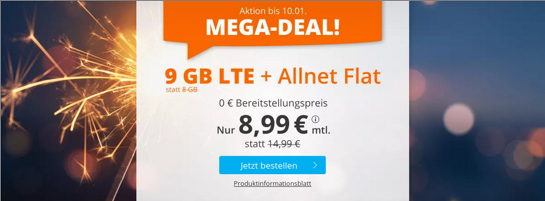 Neujahr Deal: Sim.de 9 GB LTE All-In-Flat fr 8,99 Euro ohne Laufzeit, 6 Euro sparen