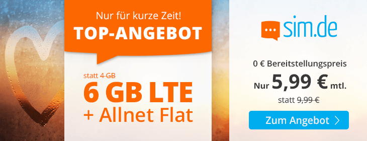 Advents-Deal: Sim.de 6 GB LTE All-In-Flat für 5,99 Euro ohne Laufzeit, 4 Euro sparen