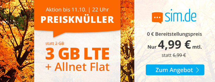 Preistipp 3 GB Tarife: Sim.de 3 GB LTE Allnet-Flat für 4,99 Euro ohne Laufzeit