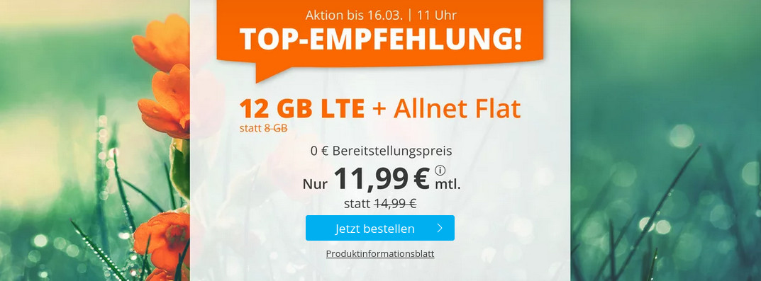 Tariftipp 12 GB Tarife: Sim.de 12 GB LTE All-In-Flat fr 11,99 Euro ohne Laufzeit