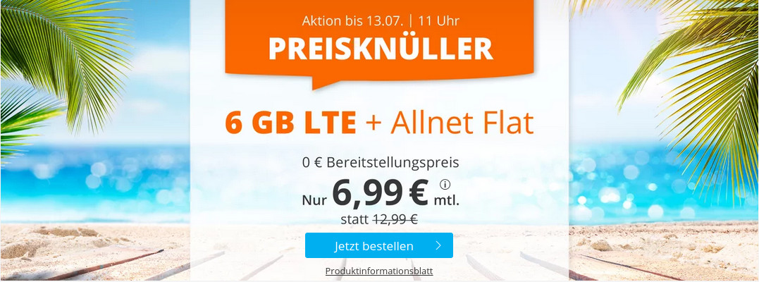 Sommerferien-Tariftipp 6 GB Tarife: Sim.de 6 GB LTE All-Net-Flat fr 6,99 Euro ohne Laufzeit